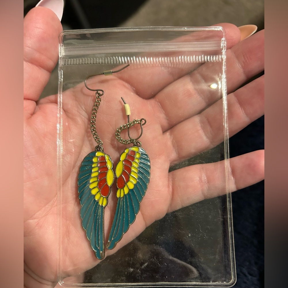 Colorful Metal Green, yellow& red Wing shaped Earrings-